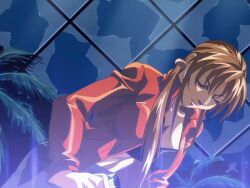 00s 2005 animated anime_screenshot aqua_eyes bible_black bible_black_new_testament black_bra black_dress blonde_hair blue_eyes bouncing_breasts breasts broken_window brown_hair dress earrings female female_focus from_below green_house hair_ornament high_collar imari_kurumi jacket jewelry kitami_reika large_breasts leather leather_jacket lipstick long_hair makeup miniskirt orange_jacket red_jacket shin_bible_black short_dress short_hair side_ponytail solo tagme tree zettai_ryouiki