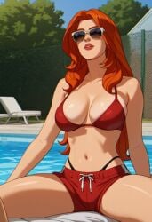 1girls ai_generated bikini black_bikini_bottom breasts dark.drakus day female female_only jean_grey light-skinned_female light_skin marvel marvel_comics pool poolside red_bikini_top red_hair red_lips red_shorts redhead shorts solo solo_female sunglasses sunlight sunny x-men x-men_97