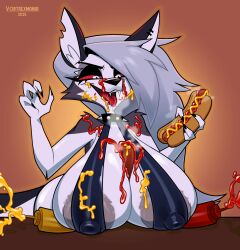 1girls 2025 anthro areola big_areola big_breasts black_body black_fur black_nose breast_rest breasts canid canid_demon canine canis clothing collar demon demon_girl digital_drawing_(artwork) digital_media_(artwork) ear_piercing ear_ring ears erect_nipples eyebrow_piercing facial_piercing female food food_fetish food_play fur furry goth goth_girl grey_areola grey_body grey_fur grey_hair grey_nipples hellaverse hellhound helluva_boss hi_res hot_dog huge_breasts ketchup ketchup_bottle long_hair loona_(helluva_boss) mammal messy_eater mustard mustard_bottle mythological_canine mythological_creature mythology nipples notched_ear open_mouth piercing red_sclera ring_piercing solo spiked_collar spikes tail tongue tongue_out two-tone_body two-tone_fur two-tone_tail vortrexmania wardrobe_malfunction white_body white_eyes white_fur wolf wolf_girl