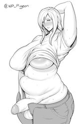 1futa aya_brea blush curvy futa_only futanari intersex jeans large_areolae large_breasts monochrome nipple_slip parasite_eve penis plump solo solo_futa standing sweat testicles waterproof-pigeon