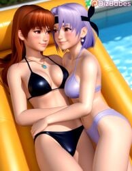 2girls ai_generated ayane_(doa) bikini black_bikini blush cuddling dead_or_alive dead_or_alive_xtreme dead_or_alive_xtreme_beach_volleyball dizbabes earrings female female_only hachimaki headband kasumi_(doa) long_hair looking_at_another looking_at_partner lying on_back on_side outdoors pendant pool pool_float purple_bikini purple_hair red_eyes red_hair short_hair smile stable_diffusion tecmo video_games yuri
