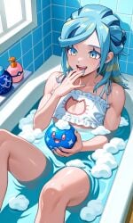 1boy ai_generated bath bath_bomb bathing bathroom bathtub blue_nails bra bubble_bath bubbles bulge cat_cutout femboy grusha_(pokemon) happy holding_bath_bomb laugh lingerie male nails_painted otoko_no_ko panties penis pokemon thighs water