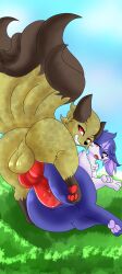 absurd_res anthro backsack balls biped bodily_fluids braixen canid canine duo fan_character female feral fox fur gabu_art generation_1_pokemon generation_6_pokemon genital_fluids genitals grass grin half-closed_eyes hi_res knot knotted_penis looking_pleasured male male/female mammal multi_tail narrowed_eyes ninetales nintendo open_mouth paws penetration penis plant pokemon pokemon_(species) precum purple_body quadruped red_eyes sky smile tail torch_(tzus) vaginal_fluids vaginal_penetration white_body