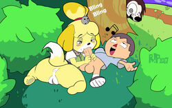 2017 animal_crossing anus ass balls big_ass big_butt bottomless canid canine canis clothed clothing duo_focus fellatio female footwear fur furry hi_res isabelle_(animal_crossing) looking_pleasured lying male mammal nintendo oral penile penis pussy r!p sable_able sex shortstack straight tail text thick_thighs topwear video_games