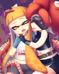 2girls anthro bangs blueberry_(artist) cephalopod cephalopod_humanoid fangs female_only female_pervert humanoid inkling inkling_girl kaori_(splatoon) mask mask_(marking) midriff multiple_girls nintendo octoling octoling_rival orange_hair pointy_ears red_hair sleeveless splatoon squid tentacle tentacle_hair tentacles tongue yuri