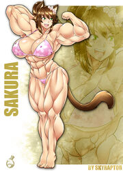 abs animal_ears biceps big_muscles bikini breasts brown_hair catgirl extreme_muscles female flexing green_eyes happy_birthday large_breasts muscles muscular_female navel skyraptor smile solo tail thong