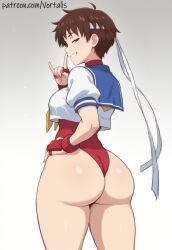 ai_generated ass blue_sailor_collar breasts brown_eyes brown_hair crop_top female fingerless_gloves from_behind gloves gradient gradient_background headband leotard looking_at_viewer looking_back red_gloves sailor_collar sakura_kasugano school_uniform serafuku short_hair simple_background smile solo street_fighter thighs vortalis