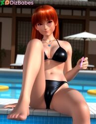 1girls ai_generated black_bikini cameltoe dead_or_alive dead_or_alive_xtreme dead_or_alive_xtreme_beach_volleyball dizbabes female female_only kasumi_(doa) long_hair looking_at_viewer nail_polish one_leg_up outdoors pendant pool poolside red_eyes red_hair sitting smile smiling_at_viewer solo stable_diffusion tecmo video_games