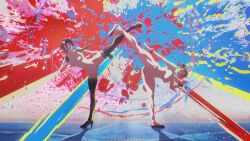 2girls abstract_background ai_generated_background ai_upscaled assassin black-haired_female black_hair black_legwear boots bracelet breasts brown-haired_female brown_hair catfight chinese_clothes chun-li cleavage competitive crossover double_bun earrings female female_only fighting gold_hairband hair_bun hair_ornament hair_ribbon high_heels high_kick human kicking legs light_skin multiple_females multiple_girls nude nude_filter pussy ribbon short_hair simple_coloring slim_waist spy_x_family street_fighter street_fighter_6 thighhighs thighs third-party_edit thorn_princess yor_briar yor_forger