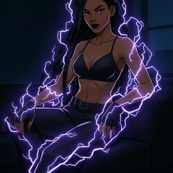 1girls 2d 2d_(artwork) agatha_m ai_assisted ai_generated aura black_body black_hair black_legwear bra braid dark-skinned_female dark_skin dreadlocks electrokinesis female female_only heroine human human_only long_hair looking_at_viewer oc questionable sfw solo solo_female superpowers