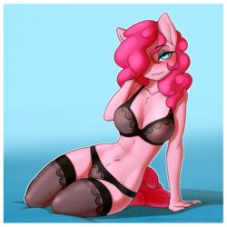 2017 absurdres anthro anthrofied blush border bra captainpudgemuffin earth_pony equine eyeshadow female friendship_is_magic furry hair_over_one_eye highres horse lingerie long_hair looking_at_viewer makeup mammal my_little_pony pink_hair pinkie_pie_(mlp) pony pudgeruffian pussy see-through solo thighhighs translucent underwear white_border