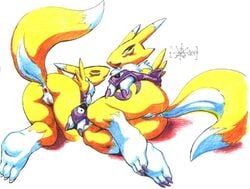 2004 anthro anus ass back_view barefoot claws color digimon female female_only fur furry lying multiple_females nude on_side renamon sawblade_(artist) tagme vulva