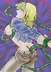 1girls agrias_oaks ambiguous_penetration arms_behind_back ass blonde_hair blush breasts closed_eyes clothed_sex clothing female final_fantasy final_fantasy_tactics final_fantasy_tactics_(original) from_behind green_tentacles long_hair open_mouth pants_down penetration rape restrained shirt shirt_lift spread_legs tentacle tentacles_under_clothes