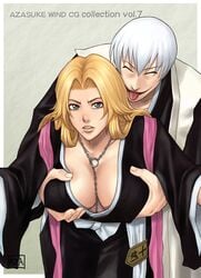 1boy 1girls azasuke beauty_mark bleach blonde_hair blue_eyes breast_grab breasts cleavage closed_eyes groping hakama haori huge_breasts ichimaru_gin japanese_clothes jewelry leaning_forward long_hair matsumoto_rangiku mole necklace short_hair tongue white_hair