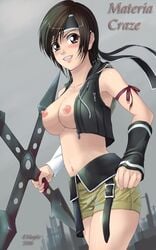 1girls 2006 breasts female female_only final_fantasy final_fantasy_vii no_bra shinozuka_jouji shuriken solo straight_hair weapon yuffie_kisaragi