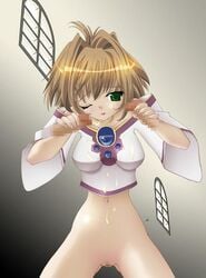 1girls artist_request breasts brown_hair censored clothing cum female handjob human light-skinned_female light_skin mosaic_censoring penis sakura_hime short_hair tagme tsubasa_chronicle unseen_male_face