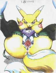 2003 anthro breasts claws color digimon female female_only fur furry raised_legs renamon sawblade_(artist) solo tagme vulva