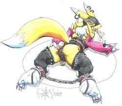 2003 anthro anus back_view barefoot bound clothes color digimon female female_only fur furry key lying mouth_hold on_front renamon sawblade_(artist) solo tagme