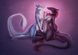 2015 anthro black_fur blue_eyes blue_fur bondage bound breasts claws collar duo ear_piercing female fur leash long_tail masturbation naira nipples nude piercing purple_eyes pussy_juice red_fur sergal sitting smile white_fur yuri