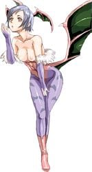 bat_wings breasts capcom clothing darkstalkers demon_girl head_wings headwings legs lilith_aensland pantyhose print_pantyhose purple_pantyhose simple_background small_breasts solo star_(starpage) succubus vampire_savior wings