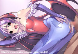 1boy1girl censored clothed_sex clothing cyocyo darkstalkers flat_chest lilith_aensland succubus tagme torn_clothes