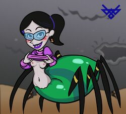 1girls black_hair blush braces breasts cartoon_network cute drider earrings enydteva female female_only freckles glasses grey_skin lipstick looking_at_viewer navel pale_skin ponytail shirt_lift small_breasts smile spider spider_girl spider_humanoid straight_hair the_grim_adventures_of_billy_and_mandy velma_green velma_green_the_spider_queen