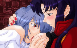 2girls age_difference blue_hair blush breasts clothing count_zero female female_only gainax human large_breasts misato_katsuragi multiple_girls neon_genesis_evangelion nipple_licking pale-skinned_female pale_skin rei_ayanami short_hair tagme yuri