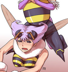 110-groove antenna bee_girl capcom clothing darkstalkers female insect_girl insect_wings itou_yuuji lilith_aensland medium_breasts monster_girl multiple_girls pantyhose purple_eyes purple_hair q-bee short_hair succubus wings yuri