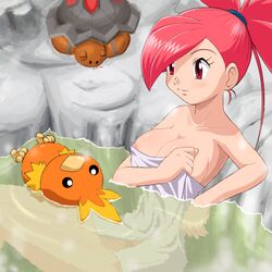 00s 1girls bare_shoulders blood breasts cleavage color female flannery_(pokemon) flannery_(pokemon_rse) gym_leader hair_over_one_eye human human_only large_breasts light-skinned_female light_skin long_hair lowres naked_towel nintendo nipple_slip nipples nosebleed onsen pokemoa pokemon pokemon_rse ponytail red_hair sitting smile tied_hair torchic torkoal towel