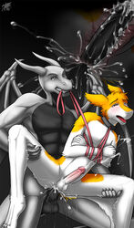 2012 4_toes abs anal anal_sex anus balls black_penis black_skin blush collar cum cum_in_ass cum_inside cum_while_penetrated cumshot darkgoose dj_(character) dragon erection fur furry furry_only gay grey_eyes grey_skin half-closed_eyes hands-free horn humanoid_penis internal leash leg_grab male no_humans open_mouth orange_fur orgasm penetration penis red_eyes scalie sergal sitting spread_legs spreading teeth toe_claws tongue white_fur wings