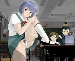 1girls artist_request blue_hair breasts clothing female human kensuke_aida looking_at_viewer neon_genesis_evangelion pale-skinned_female pale_skin panties pubic_hair red_eyes rei_ayanami school_uniform short_hair skirt smile tagme toji_suzuhara