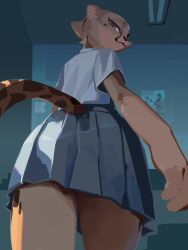 1girls 2023 akino_(kemokin_mania) ass brown_eyes cheek_tuft cheetah feline female female_only furry furry_only kemokin_mania looking_at_viewer school_uniform signature skirt spotted_body spotted_fur tail