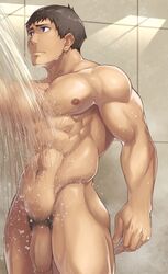 1boy 8_(yamalu) 8_degrees abs idolmaster idolmaster_side-m male male_only muscle muscles nipples nude penis shingen_seiji shirtless shower showering solo standing uncensored wet