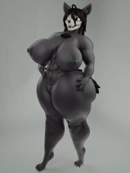 anthro ass big_breasts big_butt black_body black_hair breasts canid female fur genitals hair hi_res huge_breasts huge_butt huge_hips huge_thighs looking_at_viewer malo mammal nipples nude pussy raguda scp-1471-a scp_foundation solo tail thick_thighs wide_hips