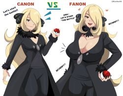 ara_ara blonde_hair busty cynthia_(pokemon) difference different_breast_sizes different_poses hair_ornament hair_over_one_eye karbuitt large_breasts long_hair pokemon_dppt very_long_hair