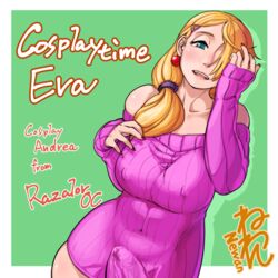 1futa bimbo blonde_hair blue_eyes bulge erection eva_(neone-x) futa_only futanari intersex large_penis neone-x penis precum solo standing sweater