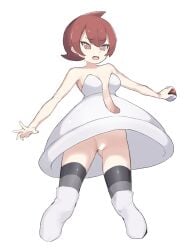 1girls @_@ bar_censor bare_arms brown_hair censored commentary_request cowlick dress female highres holding holding_poke_ball low-angle_view mars_(pokemon) no_bra no_panties open_mouth poke_ball poke_ball_(basic) pokemon pokemon_dppt r_(user_pzzt2437) short_dress short_hair simple_background solo strapless strapless_dress upskirt white_background white_dress