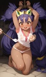 ai_generated armpits arms_up dark-skinned_female female iris_(pokemon) long_hair panties pokemon purple_hair red_eyes small_breasts sweat white_panties