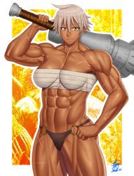 abs breasts club ero-chong female female_only muscles muscular_female navel scars smile solo thong veins weapon white_hair yellow_eyes