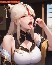 1girls ai_generated artifical_art big_breasts condom dripping dripping_cum dripping_semen female genshin_impact hair_ornament hairpin long_hair mature_female ningguang_(genshin_impact) open_mouth perfect_body red_eyes semen_in_mouth semen_on_tongue tongue_out used_condom white_hair