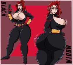 1girls ass ass big_ass big_breasts black_bodysuit black_widow_(marvel) blue_eyes blueartfiend breasts giant_ass giant_breasts huge_ass huge_boobs huge_breasts large_breasts leather marvel marvel_comics natasha_romanoff red_hair thick_ass thick_thighs