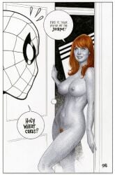 2d areola areolas belly_button breasts frank_cho lips marvel mary_jane_watson mask monochrome naked_female nude_female parody_porn pubic_hair red_hair red_hair_female redhead_female spider-man