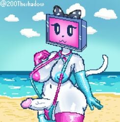 1futa 200theshadow artist_name artist_request beach bikini bun cat_tail cat_tv_woman cute futa_only futanari futanari handkerchief pixel_(artwork) pixel_art sling_bikini tv_head twitter_username