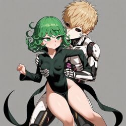 ai_generated couple cyborg genos green_hair older_female one_punch_man petite_female sensual small_breasts tatsumaki younger_male