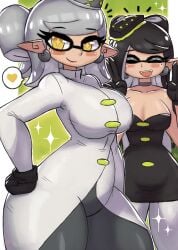 2girls artist_name big_breasts black_gloves blush breasts callie_(alterna) callie_(splatoon) choker cleavage closed_eyes double_v double_v_sign earrings female_only gloves heart inkling inkling_girl looking_at_viewer marie_(alterna) marie_(splatoon) nintendo open_mouth pointy_ears splatoon splatoon_3 splatoon_3:_return_of_the_mammalians squid_sisters squid_sisters_(splatoon) tony_welt v v_sign