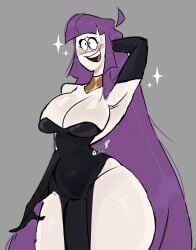 armpits arms_behind_back blush breast_focus breasts clothing dress embarrassed lila_(spooky_month) milf purple_hair sparkles spooky_month stomach thick_thighs watermark