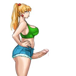 1futa bimbo blonde_hair blue_eyes blue_shorts cleavage clothed denim_shorts eva_(neone-x) futa_only futanari green_topwear intersex neone-x short_shorts solo solo_futa tagme tied_hair white_background