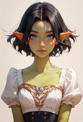 ai_generated blue_eyes corset elf female green_skin short_hair white_dress