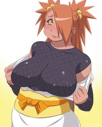 1girls akimichi_chouchou bare_shoulders big_breasts blush boruto:_naruto_next_generations breasts breasts_out brown_eyes brown_hair busty cleavage clothes collarbone dark-skinned_female dark_skin daughter ear_piercing earrings erect_nipples eyebrows eyelashes female female_only fishnet_top fishnets flashing hair hair_over_one_eye huge_breasts human large_breasts lips long_hair looking_at_viewer naruto nipples open_clothes plump smile solo undressing upper_body voluptuous yellow_eyes yukimaru_(gojo)