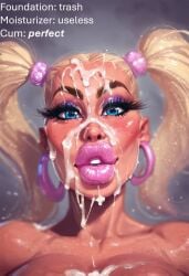 ai_generated bikini bimbo bimbo_lips blonde_hair blush choker cleavage cum cumdump facial huge_breasts long_hair makeup pink_lips pobodyznerf semen thick_cum tight_clothing twintails veiny_penis